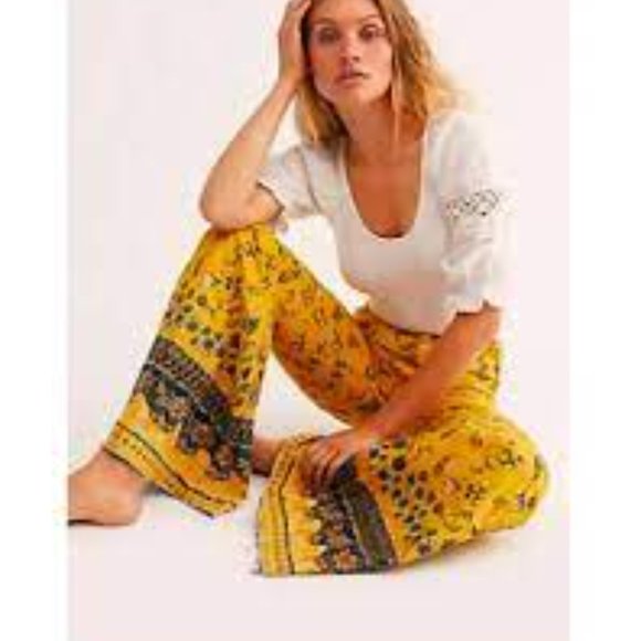 Free People Denim - FreePeople Floral Print Highwaisted Mustard Combo Jeans